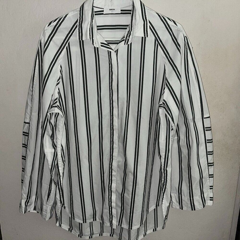 MIKOH Paseo Shirt Womens 2 M Black White Stripe Cotton Oversized Resort $215